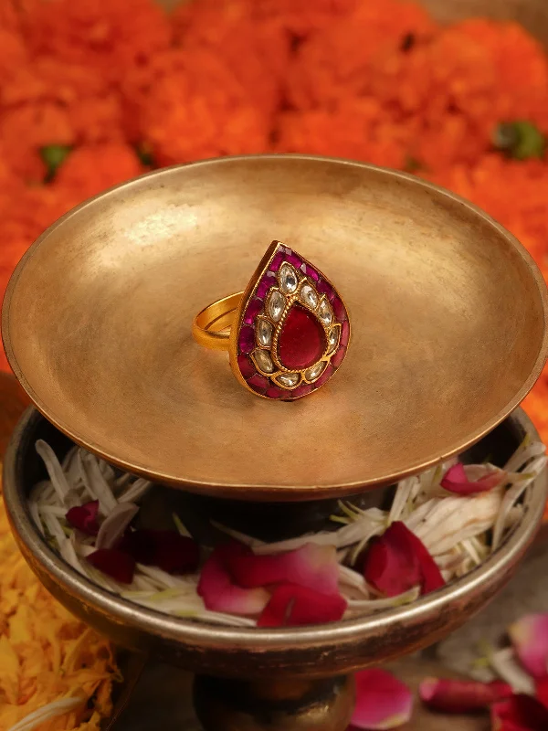 women luxury engagement rings -Pink Color Gold Plated Jadau Kundan Ring - MRNG121