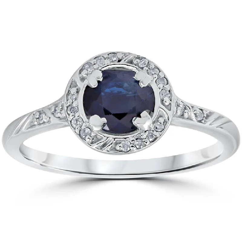 women sterling silver engagement rings -1 1/6ct Blue Sapphire Vintage Diamond Engagement Ring 14K White Gold