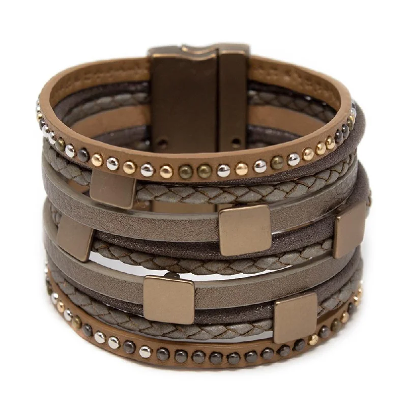 women oversized bangles -Ten String Leather Bracelet Square Accent Gold Taupe