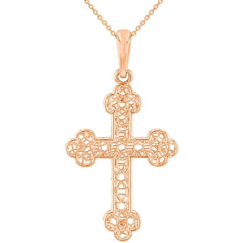 women gemstone pendant necklaces -14k Rose Gold Textured Filigree Eastern Orthodox Cross Pendant Necklace