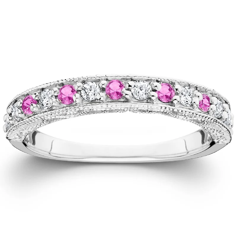 women engagement rings with matching bands -1/2ct Pink Topaz & Diamond Vintage Wedding Ring 14K White Gold