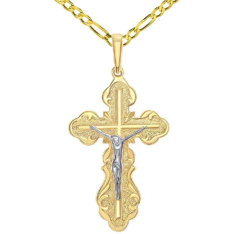 women ruby necklaces -14k Yellow Gold Russian Bless and Save Scripted Cross Eastern Orthodox Jesus Crucifix Pendant Figaro Necklace