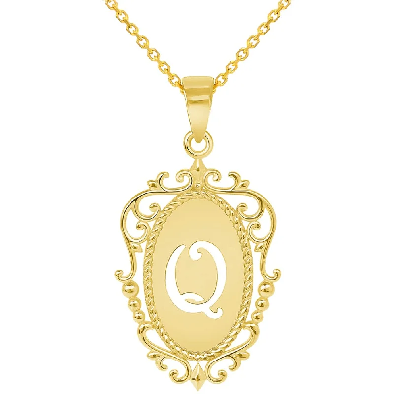 women emerald necklaces -14k Yellow Gold Elegant Filigree Oval Uppercase Initial Q Script Letter Plate Pendant with Cable, Curb, or Figaro Chain Necklaces