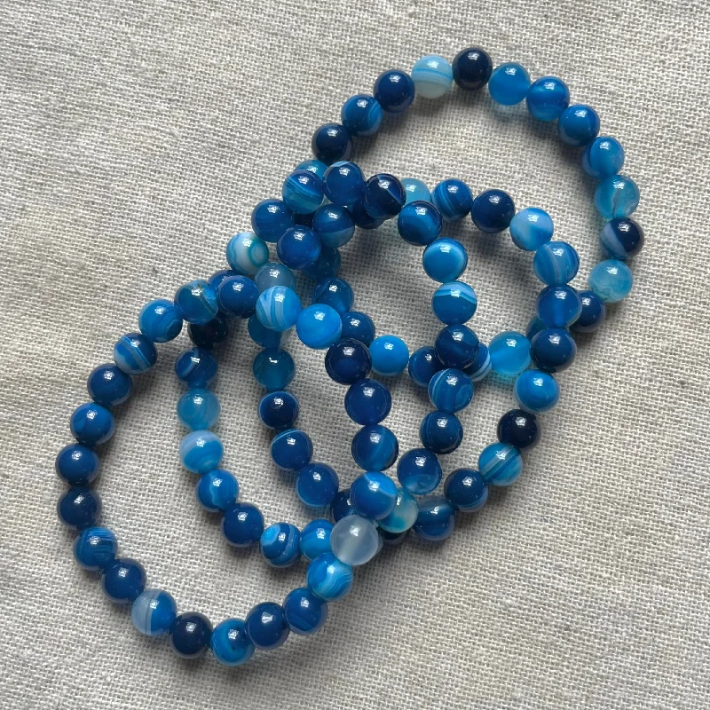 women hammered bangles -Blue Agate 8mm Beaded Bracelet - Relaxation