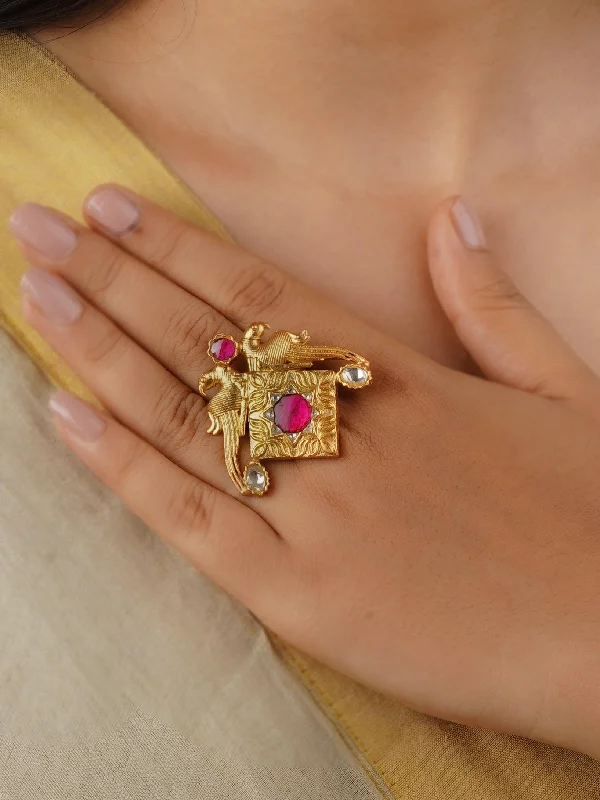 women diamond rings -Pink Color Gold Plated Thappa Jadau Kundan Ring - TJ-R62WP