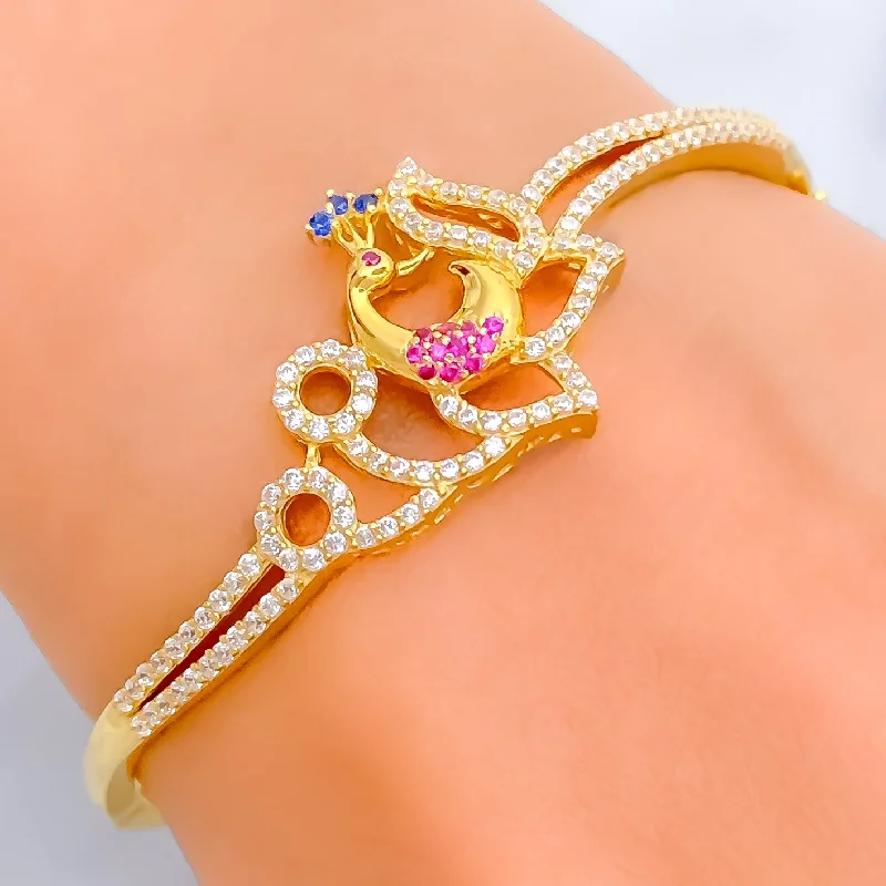 women custom engraved bangles -Magnificent Floral Peacock 22k Gold CZ Bangle Bracelet