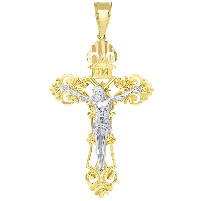 women lock necklaces -Solid 14K Two-Tone Gold Roman Catholic Cross with Jesus INRI Crucifix Pendant