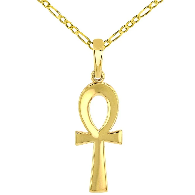 women choker necklaces -Solid 14k Yellow Gold Plain and Simple Egyptian Ankh Cross Pendant with Figaro Chain Necklace