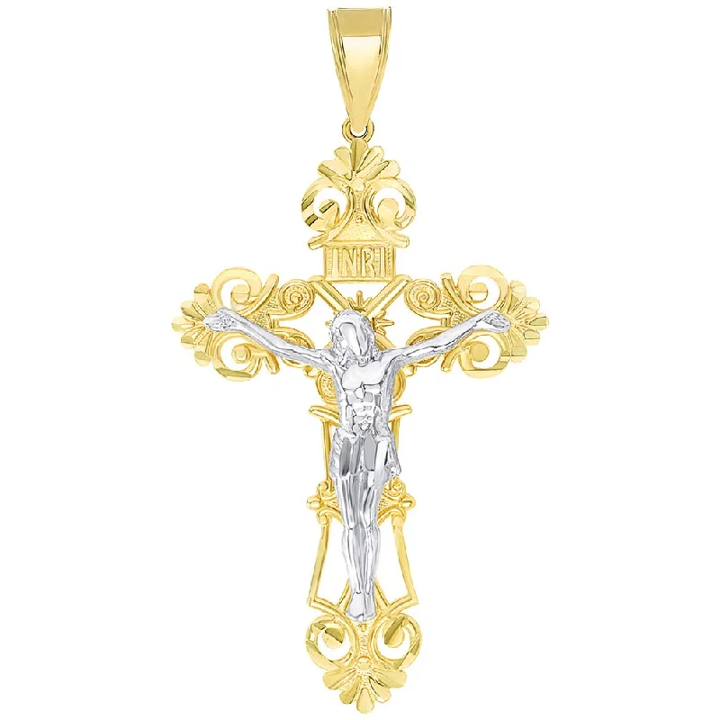 women anniversary necklaces -Solid 14K Two-Tone Gold Roman Catholic Cross with Jesus INRI Crucifix Pendant (52mm x 28mm)