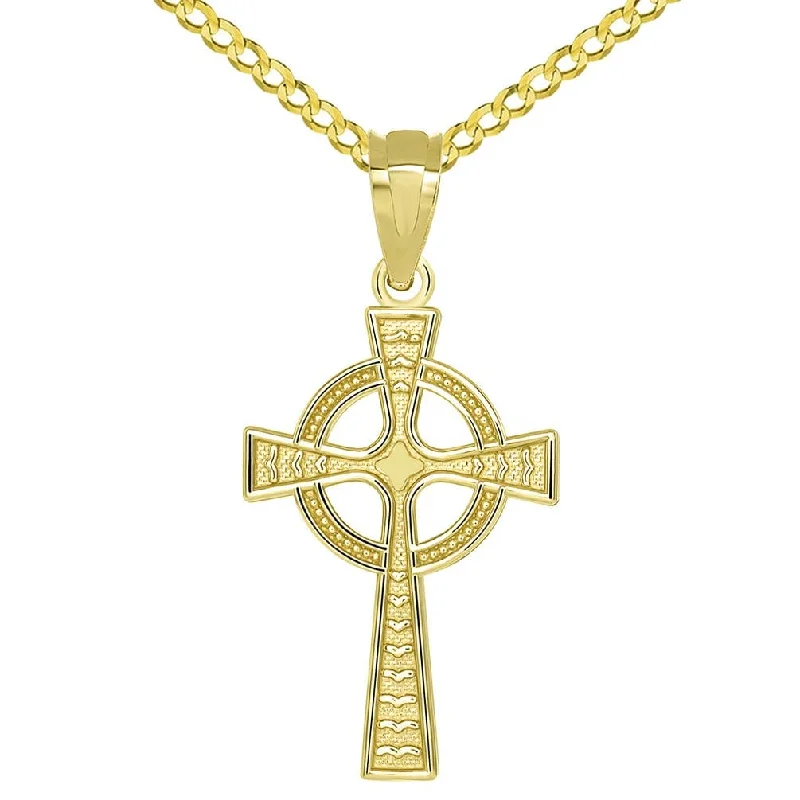 women luxury silver necklaces -14k Yellow Gold Celtic Cross with Eternity Circle Charm Pendant with Curb Chain Necklace