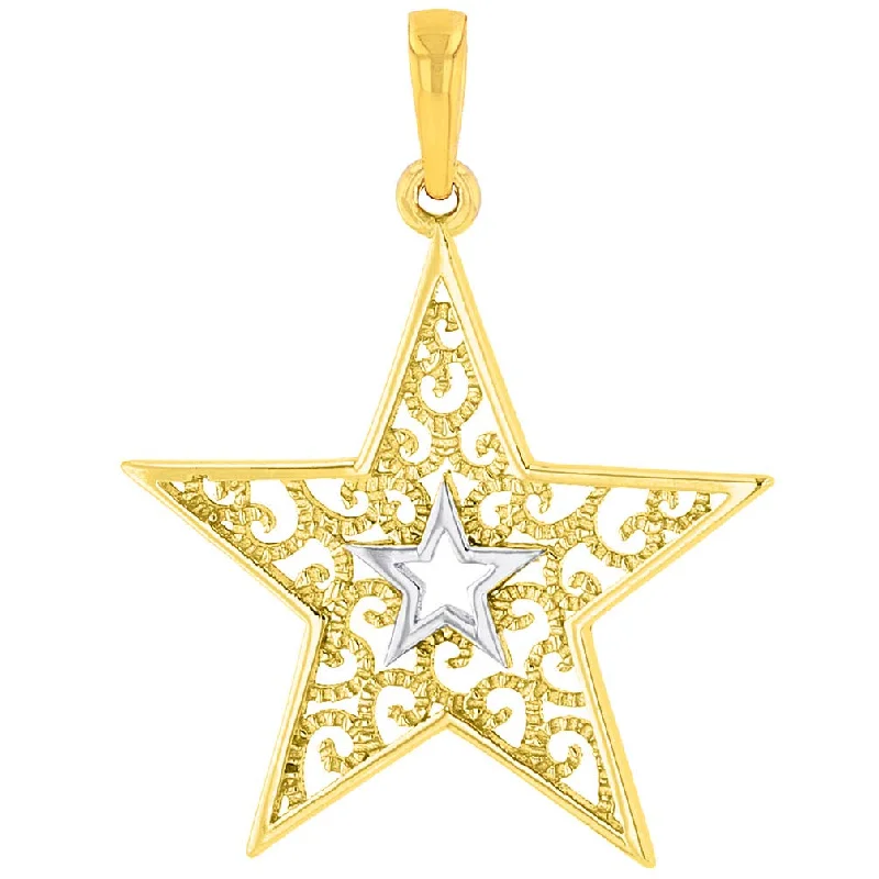 women luxury diamond necklaces -14k Yellow Gold Filigree Two Tone Star Pendant