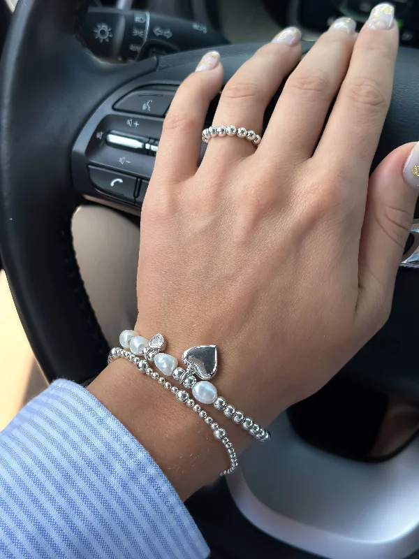 women vintage bracelets -925 Sterling Silver & Freshwater Pearl Asymmetric Stretch Bracelet w/ Silver Heart, Clear CZ Heart, Stacked Bracelets