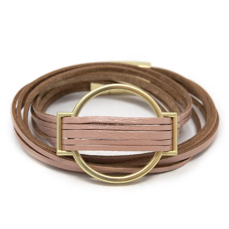 women wire bracelets -Five String Leather Wrap Bracelet with Gold Accent Pink