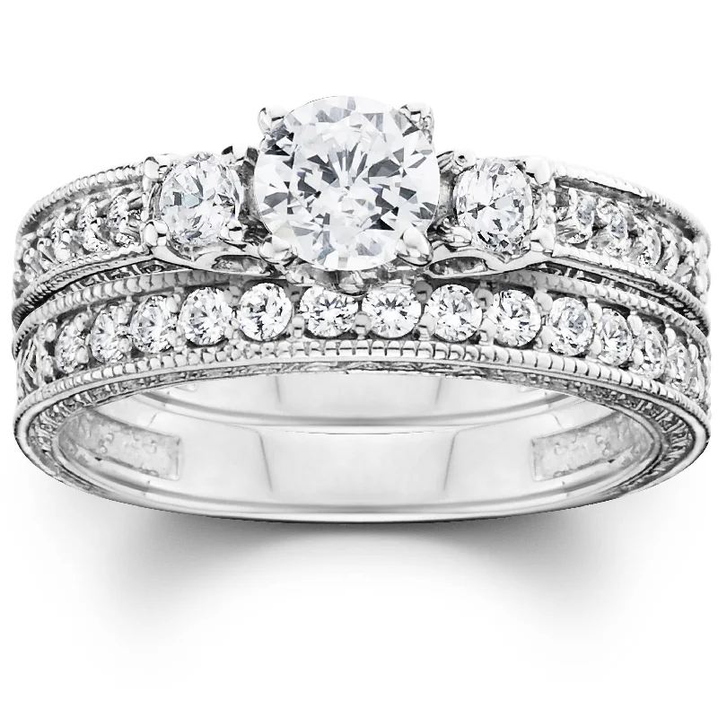 women gold solitaire engagement rings -1 1/4ct Vintage Diamond Engagement Wedding Ring Set 14K