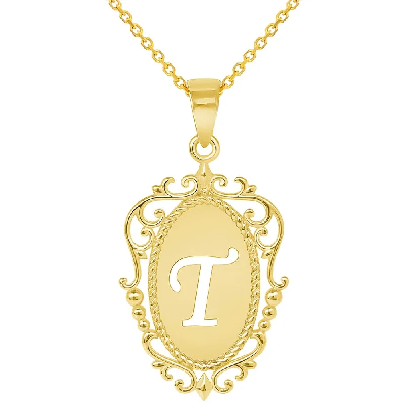 women bridal gold necklaces -14k Yellow Gold Elegant Filigree Oval Uppercase Initial T Script Letter Plate Pendant with Cable, Curb, or Figaro Chain Necklaces