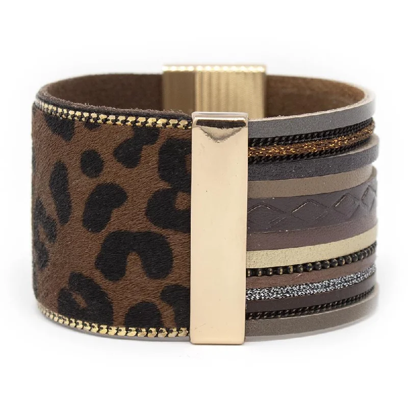 women rose gold bracelets -Leather Cuff Bracelet Mixed Media Leopard Print Dark Brown