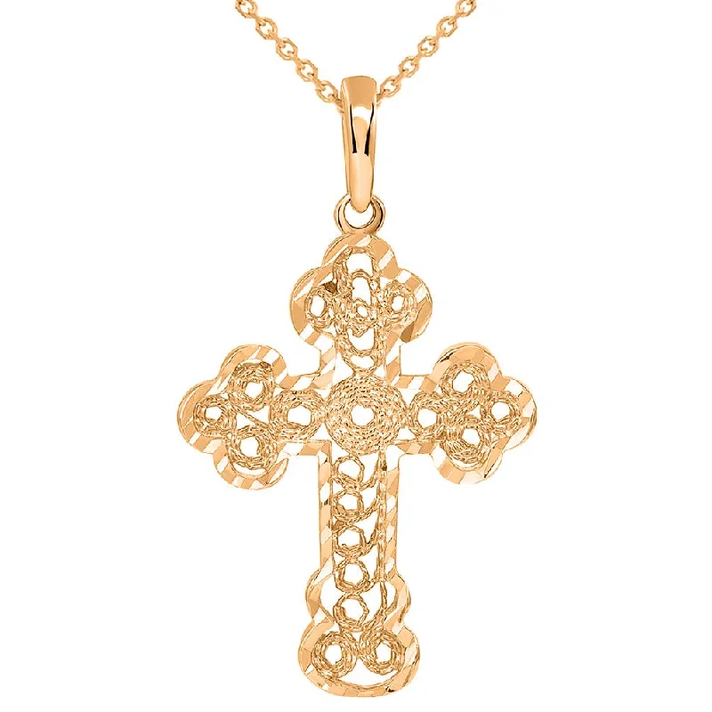 women turquoise necklaces -Solid 14k Rose Gold Filigree Eastern Orthodox Cross Pendant Necklace