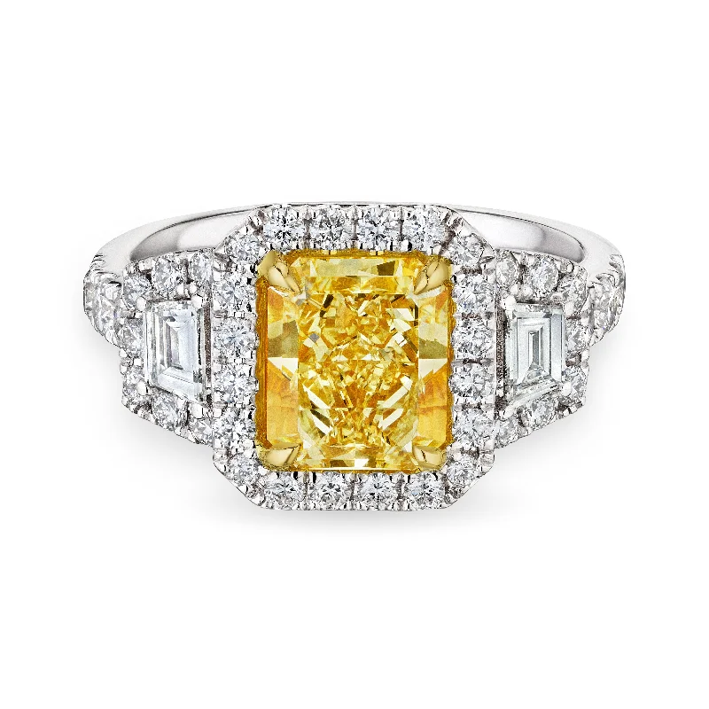 women wide band rings -Radiant Cut Fancy Light Yellow Diamond Ring with Halo, 2 CT