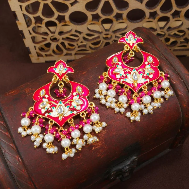 women dainty earrings -Etnico Gold Plated Meenakari Kundan & Pearl Drop Chandbali Earrings For Women (E2920Pi)