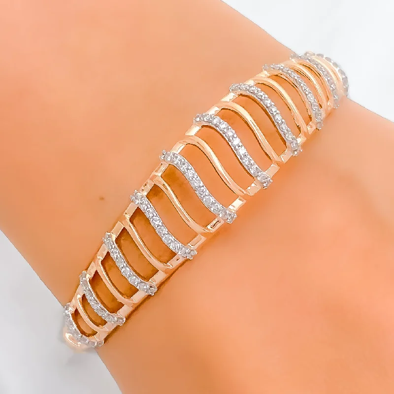 women smooth bangles -Contemporary Striped Diamond + 18k Gold Bangle Bracelet