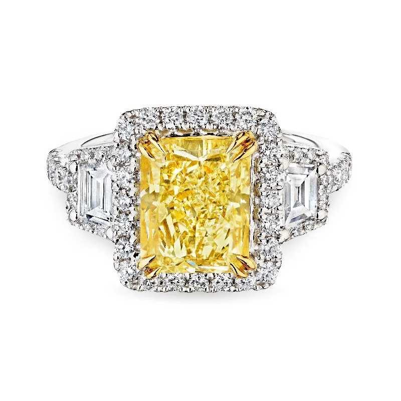 women cocktail rings -Fancy Yellow Diamond Ring with Halo and Trapezoids, 3 CT