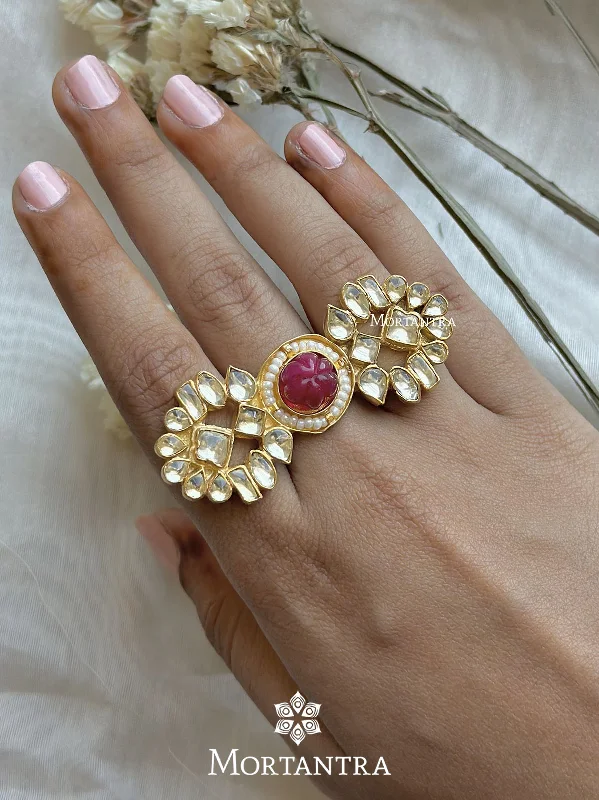 women halo diamond rings -Pink Color Gold Plated Jadau Kundan Ring - MRNG90YP