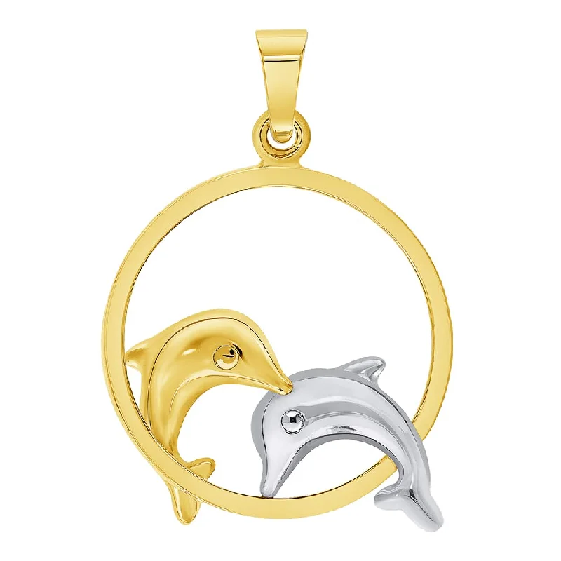 women rose gold pendant necklaces -14k Yellow and White Gold Two Dolphins Jumping Through Hoop Pendant