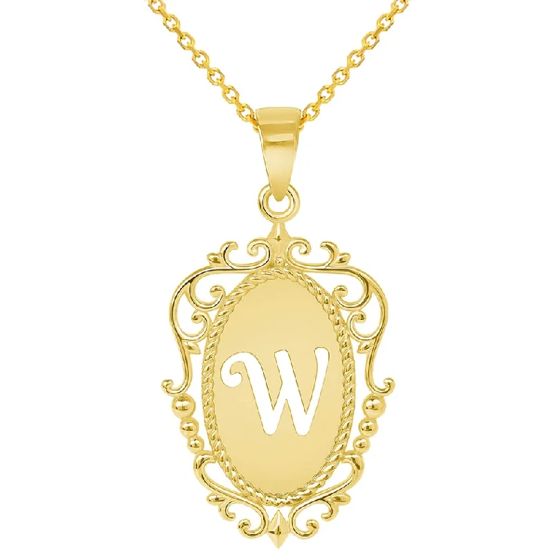 women statement necklaces -14k Yellow Gold Elegant Filigree Oval Uppercase Initial W Script Letter Plate Pendant with Cable, Curb, or Figaro Chain Necklaces