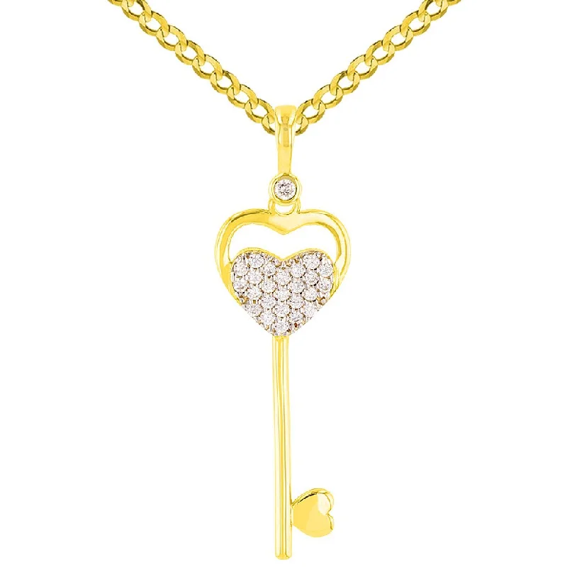 women personalized necklaces -14K Yellow Gold Double CZ Heart Love Key Pendant with Cuban Necklace