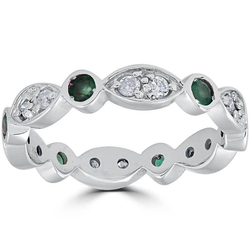 women custom wedding rings -1ct Diamond & Imitation Green Emerald Vintage Eternity Ring 14K White Gold