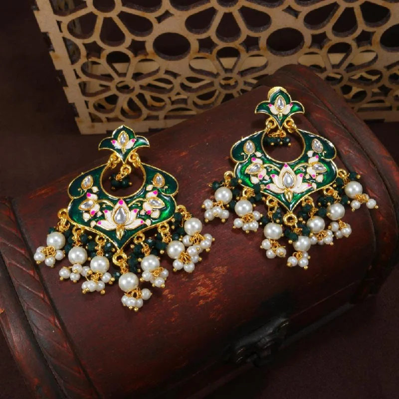 women hoop earrings -Etnico Gold Plated Meenakari Kundan & Pearl Drop Chandbali Earrings For Women (E2920G)