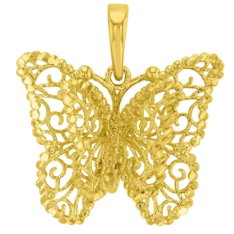 women star pendant necklaces -14K Yellow Gold Textured Filigree Butterfly with Four Wings Pendant