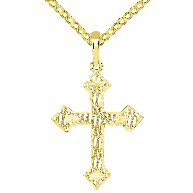 women short necklaces -14k Yellow Gold Medium Textured Filigree Catholic Cross Pendant with Cuban Necklace