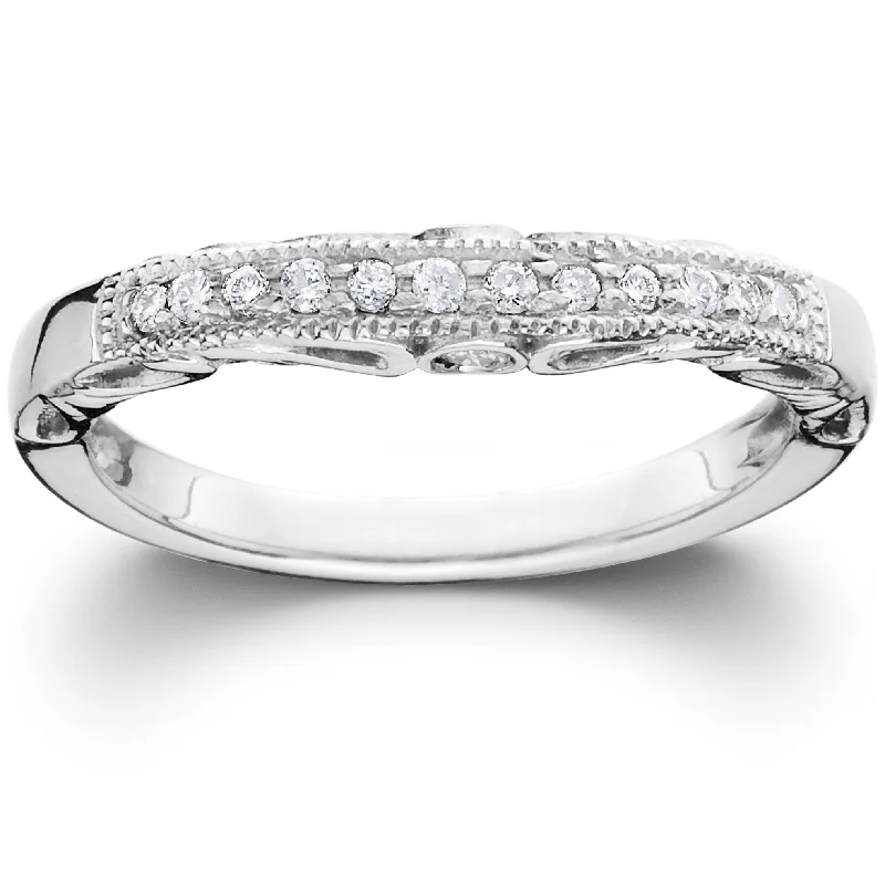 women engraved wedding bands -1/5CT Vintage Diamond Curved Notched Guard Wedding Ring 14K White Gold