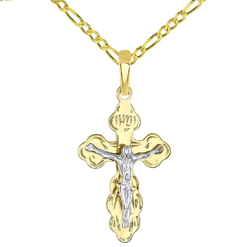 women butterfly necklaces -Solid 14k Two Tone Gold Eastern Orthodox Cross Save and Protect Crucifix Pendant with Figaro Chain Necklace