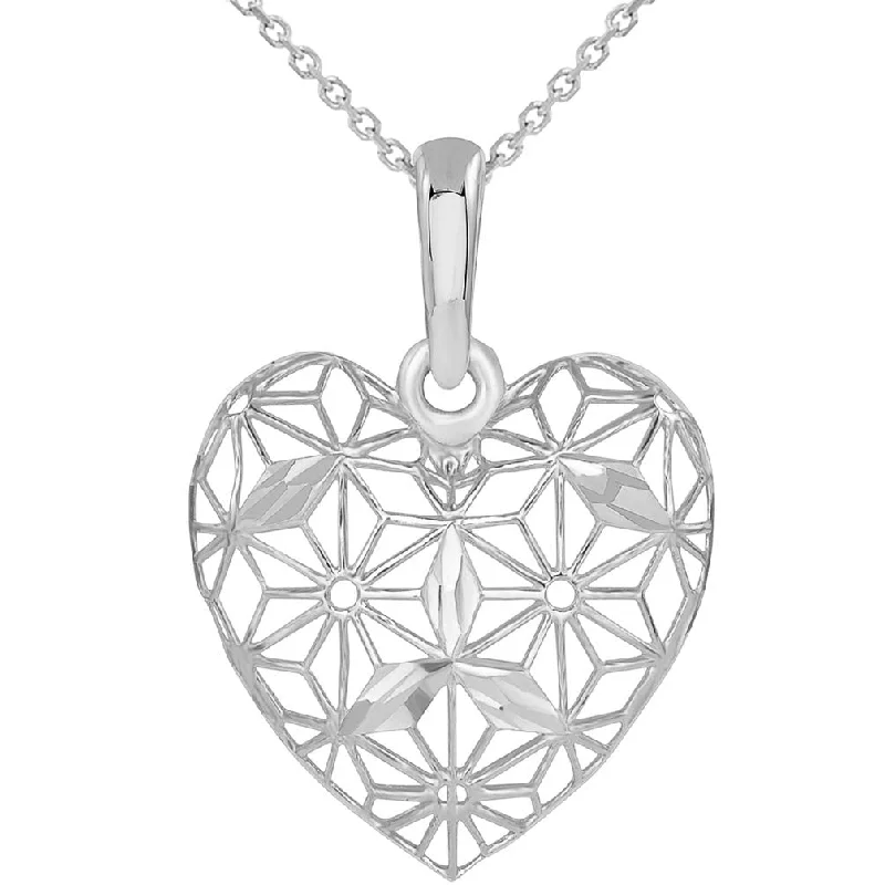 women modern necklaces -14k White Gold Textured 3D Filigree Heart Charm Pendant Necklace