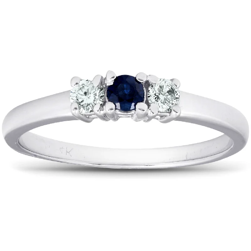 women princess diamond engagement rings -1/4ct 3 Stone Blue Sapphire Diamond Ring 14k White Gold