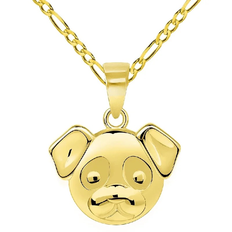 women short necklaces -14k Yellow Gold Mini Puppy Face Charm Animal Pendant with Figaro Chain Necklace