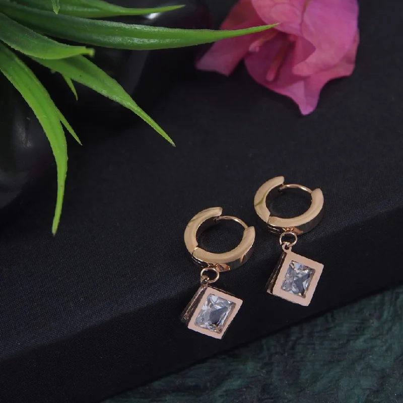 women gold hoop earrings -Tarohi Jewels Stainless Steel Rosegold Plated Square CZ Hoops Earring-STNER 2901