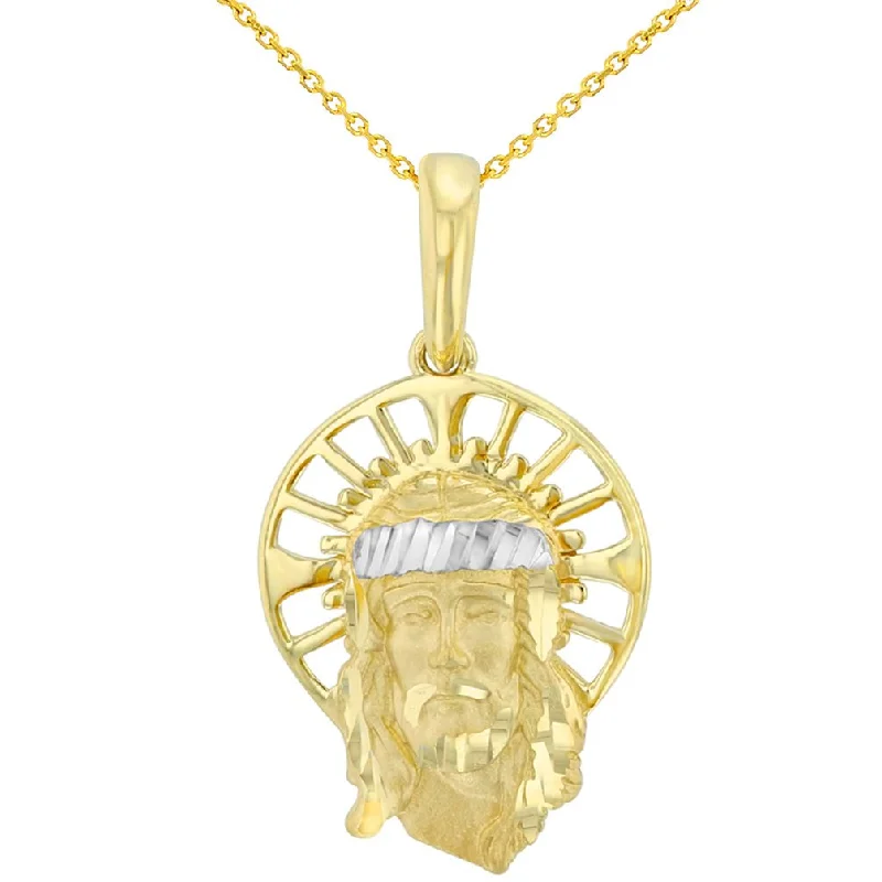 women chain necklaces -Textured 14K Yellow Gold Dainty Halo Jesus Christ Face Pendant Necklace