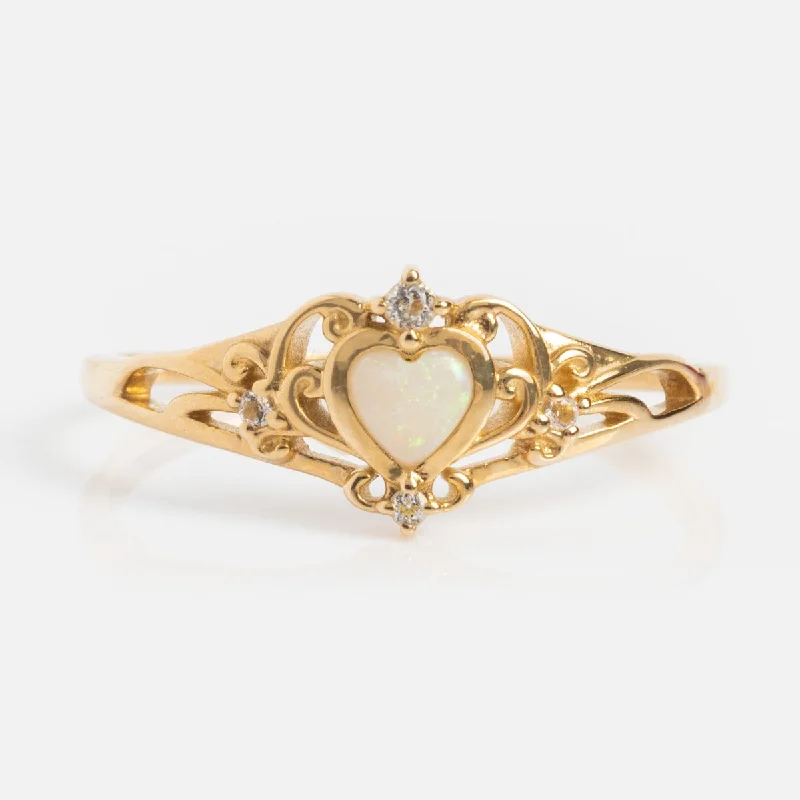 women luxury rings -Solid Gold Openwork Filigree Opal Heart Ring