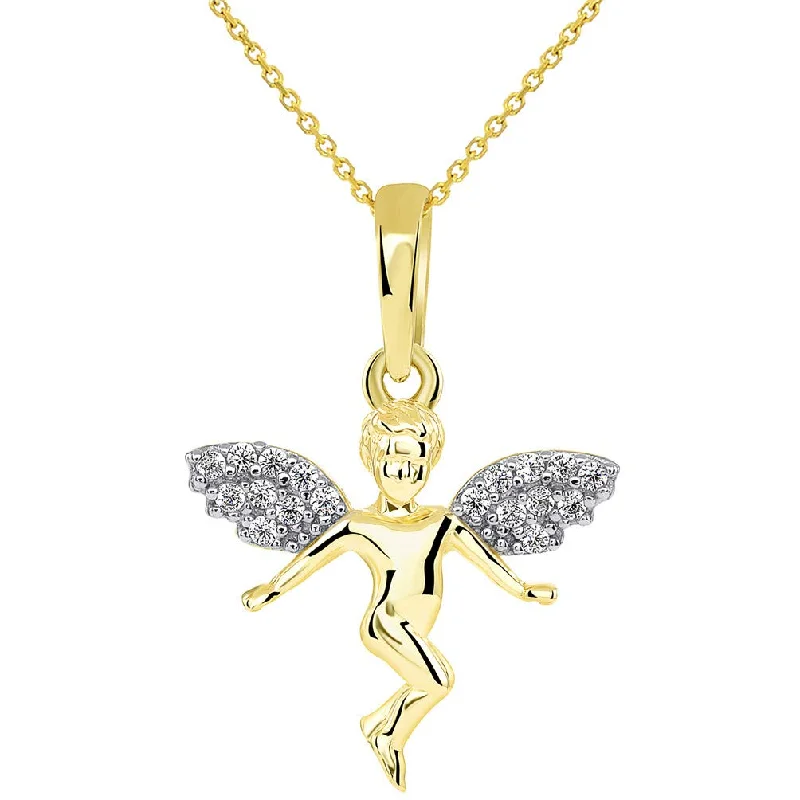 women butterfly necklaces -14k Yellow Gold Floating Guardian Angel with Micro Pave CZ Wings Pendant with Rolo Chain Necklace