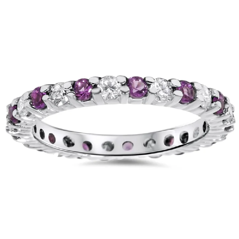 women moissanite engagement rings -1 1/2ct Diamond & Amethyst Eternity Stackable Ring 14K White Gold