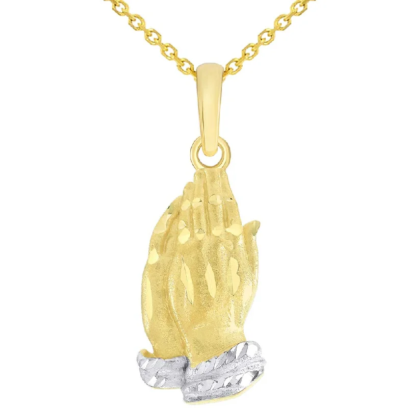 women trendy gold necklaces -14k Yellow Gold Textured Praying Two-Tone Prayer Hands Charm Pendant Necklace