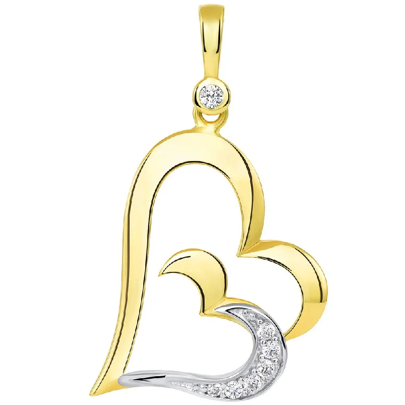 women elegant necklaces -14k Yellow Gold Polished CZ Dangling Sideways Double Open Heart Love Pendant