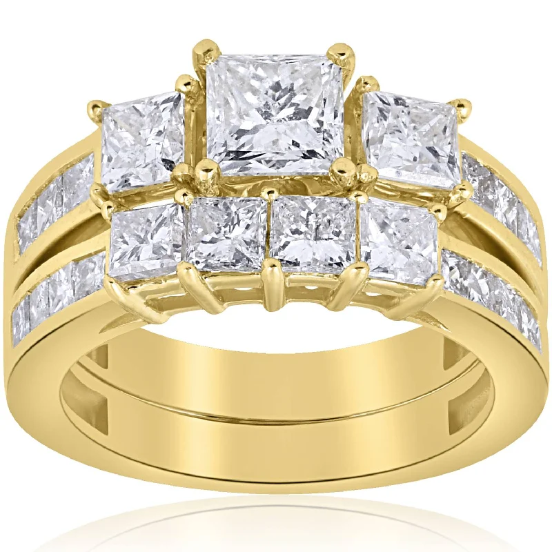 women eternity engagement rings -3 1/2ct Side Stone Diamond Ring Set 14K Yellow Gold