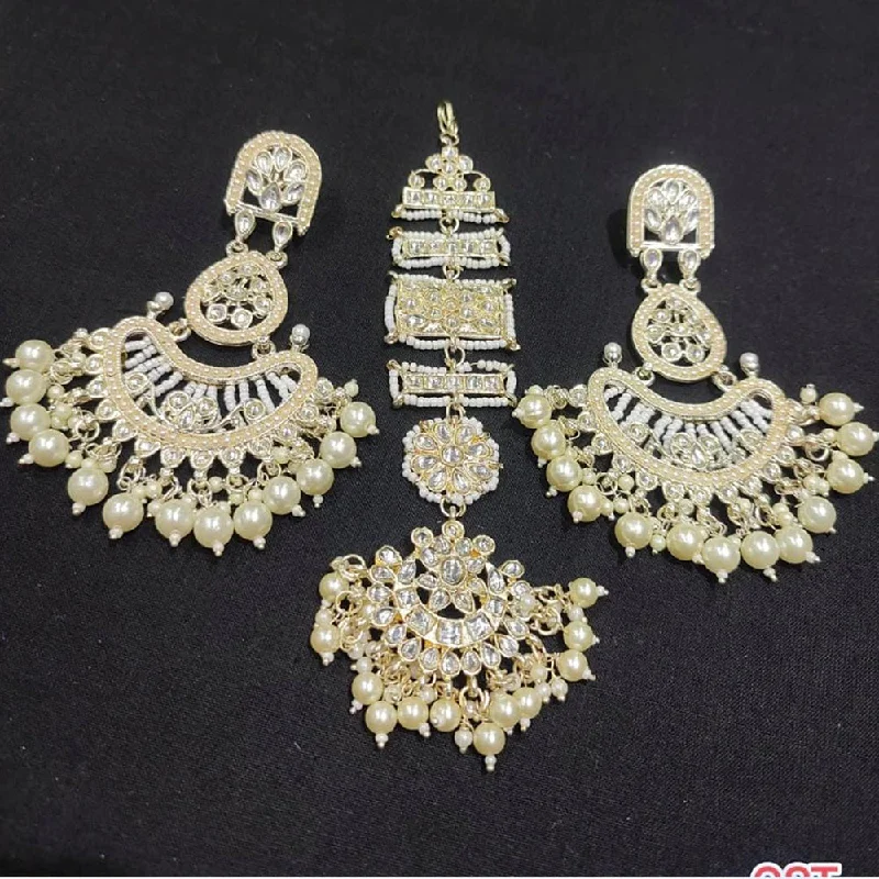 women gold earrings -Lucentarts Jewellery Gold Plated Kundan & Beads Earrings With Maangtikka