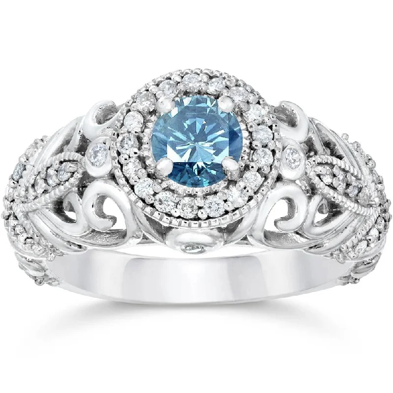 women luxury halo engagement rings -3/4ct Blue & White Diamond Vintage Halo Engagement Ring 14K White Gold