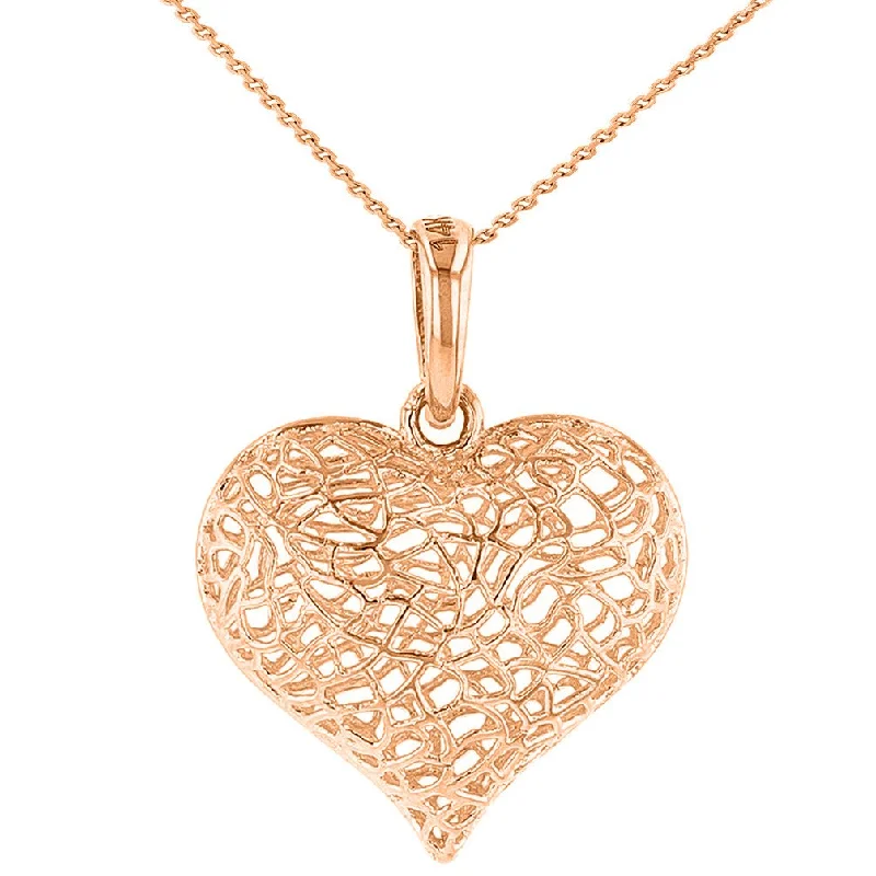 women infinity pendant necklaces -Textured 14k Rose Gold Puffed Filigree Heart Charm Pendant Necklace