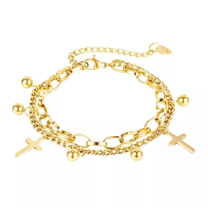 women friendship bracelets -Stainless Steel Cross Charm Layered BraceletÂ Gold Plated